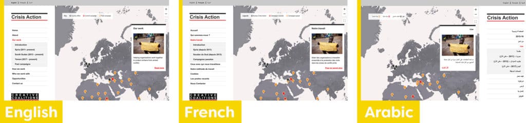 Crisis Action website screenshots showing English, French and Arabic versions